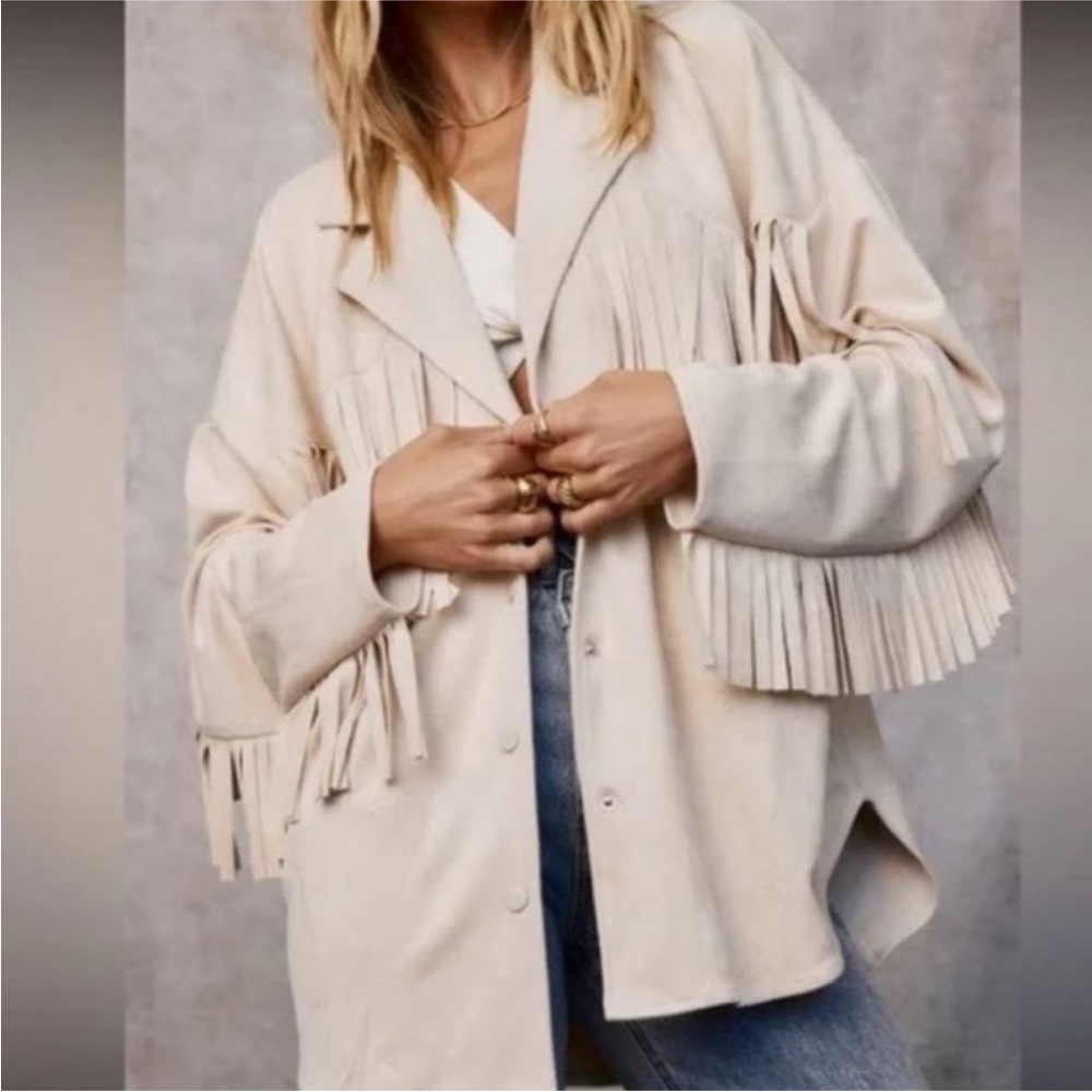 12th Tribe Desert Palm Ivory Fringe Suede Jacket